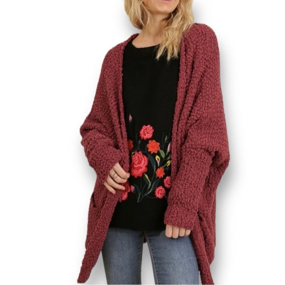 Umgee Popcorn Textured Knit Cardigan - Deep Rosewood doleman sleeve pockets‎